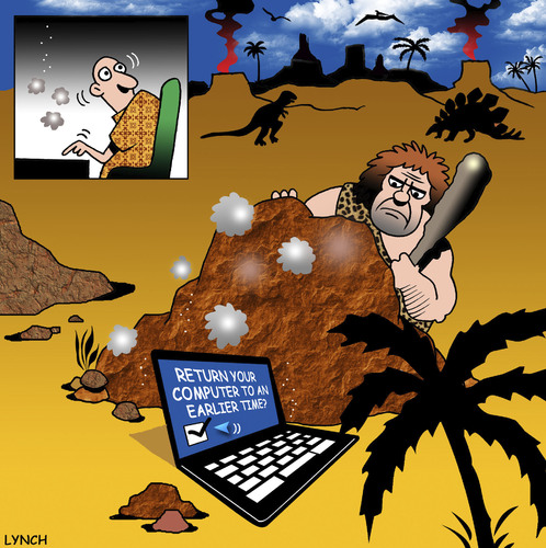 Cartoon: Return to an earlier time (medium) by toons tagged laptops,computers,computer,crash,system,restore,prehistoric,dinosaurs