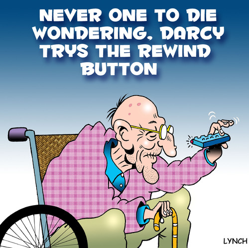 Cartoon: rewind button (medium) by toons tagged rewind,button,aged,care,ageing,pensioners,old,people,wheelchair,remote,control,back,in,time