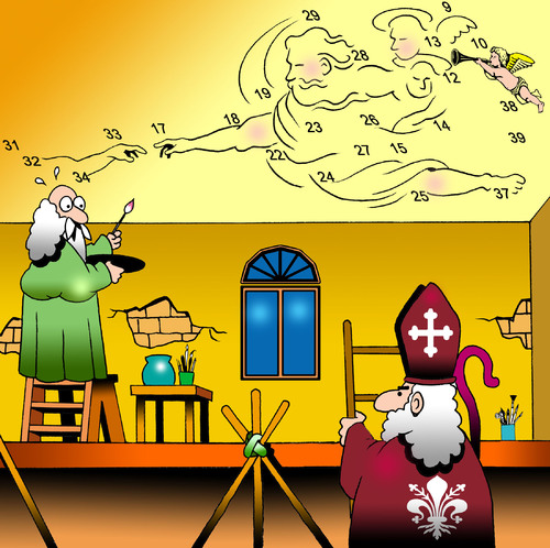 Cartoon: Sistine Chapel (medium) by toons tagged sistine,chapel,michaelangelo,leonardo,de,vinci,pope,priest,artist,painter,church,angels,god,religion,rome,cardinal