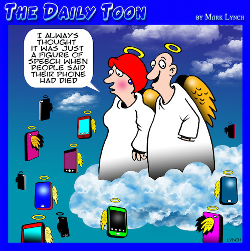 Cartoon: Smart phones (medium) by toons tagged smartphone,cell,phone,died,flat,battery,heaven,angels,smartphone,cell,phone,died,flat,battery,heaven,angels