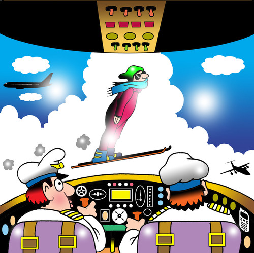 Cartoon: the ski jumper (medium) by toons tagged pilots,skiing,ski,jump,winter,olympics,snow,aircraft,flying,sport