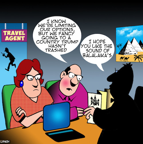 Cartoon: Travel agent (medium) by toons tagged trump,and,russia,holidays,balalaikas,music,moscow,trump,and,russia,holidays,balalaikas,music,moscow