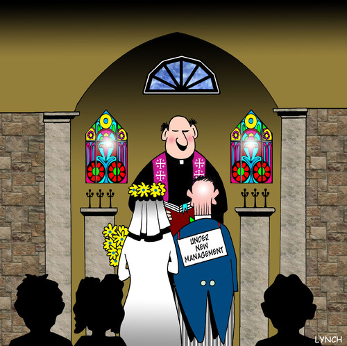 Cartoon: under new management (medium) by toons tagged marriage,weddings,groom,bridesmaid,love,romance,matrimony,hitched,church,priest,bishop