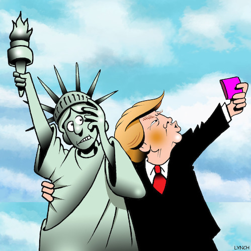 Cartoon: Unwanted selfie (medium) by toons tagged donald,trump,statue,of,liberty,narcissam,selfies,usa,donald,trump,statue,of,liberty,narcissam,selfies,usa