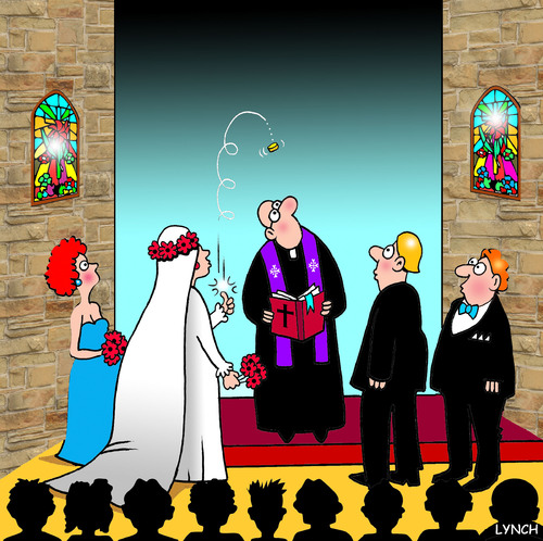 Cartoon: wedding tosser (medium) by toons tagged weddings,marriage,matrimony,love,coin,toss,church,pastor,priest,relationships,change,of,heart,gambling,bride,groom,bridesmaid