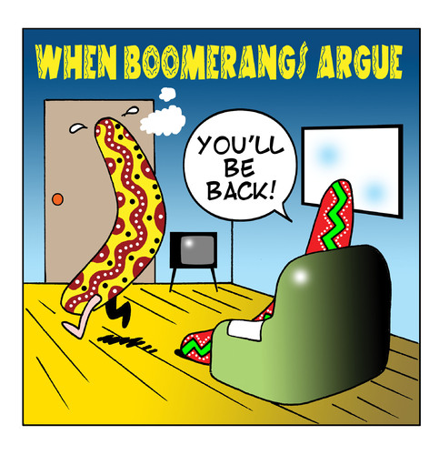 Cartoon: when boomerangs argue (medium) by toons tagged boomerang,domestic,arguements,relationships,marriage,disagreement,love
