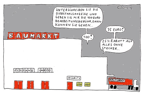 Cartoon: BAUMARKTDIEBSTAHL (medium) by Müller tagged anzeige,diebstahl,baumarkt,bearbeitungsgebühr,rabatt