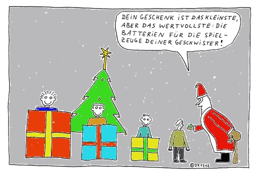 Cartoon: Das wertvollste Geschenk (medium) by Müller tagged geschenk,wertvoll,weihnachten,bescherung,santaclaus,santa,present,precious,batterien,batteries