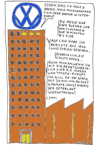 Cartoon: Der Vorsitzende (medium) by Müller tagged vw,volkswagen,volkswagenwerk,winterkorn,osterloh,pickup,toyota,mazda,syrien,iran