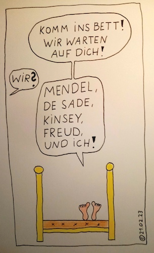 Cartoon: Komm ins Bett (medium) by Müller tagged imbett,mendel,desade,kinsey,freud