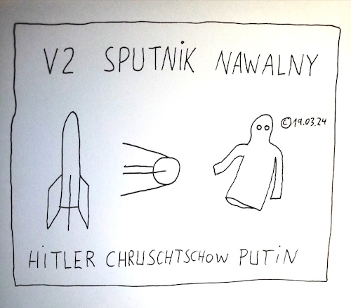 Cartoon: V2 Sputnik Nawalny (medium) by Müller tagged v2,sputnik,nawalny,hitler,chruschtschow,putin,geist