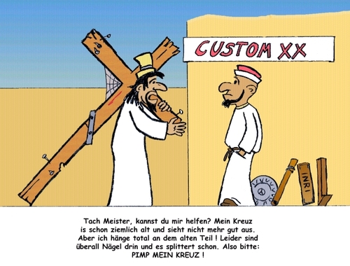 Cartoon: Pimp mein Kreuz ! (medium) by tiefenbewohner tagged ostern,jesus,kreuz,pimpen,werkstatt,feiertage,religion,saison,season
