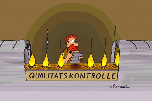 Cartoon: Qualitätskontrolle (medium) by tiefenbewohner tagged qualitätskontrolle,steinzeit,urmensch,fließband,feuer,fabrik