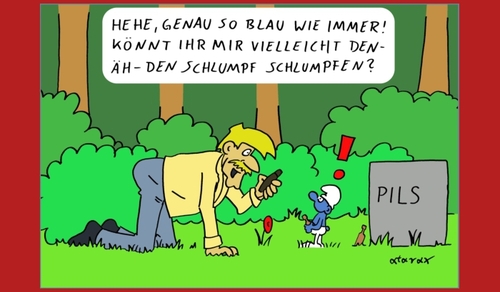 Cartoon: schlumpfende Schlumpfe Schlumpf! (medium) by tiefenbewohner tagged schlumpf,schlumpfen,schlümpfe,blau,smartphone,app,wald,handy,übersetzung,wörterbuch,bier