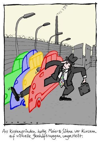 Cartoon: Geschäftswagen (medium) by schwoe tagged geschäftswagen,einsparung,virtuell,vertreter,außendienst,firma
