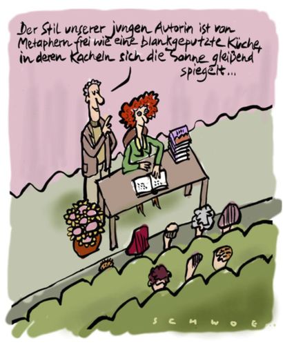Cartoon: Metaphernfrei (medium) by schwoe tagged metapher,vergleich,literatur,autor,lesung,roman