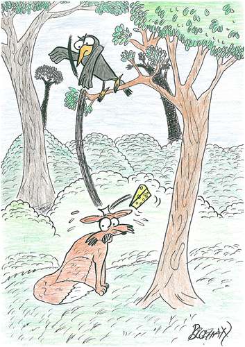 Cartoon: the fox and the crow (medium) by bilgehananil tagged fox,bird,crow,cheese,the