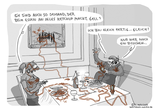 Cartoon: Beim Essen (medium) by H Mercker tagged date,essen,essengehen,frau,gespräch,ketchup,ketschap,mann,restaurant,rot,schwarzweiß