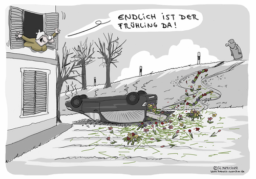 Cartoon: Endlich Frühling (medium) by H Mercker tagged auto,blumen,blüten,bunt,frühling,gesteck,grün,leichenwagen,oma,schmuck,unfall,wagen,wetter