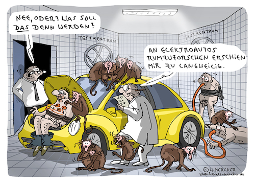 Cartoon: VW (medium) by H Mercker tagged vw,abgasskandal,dieselskandal,cartoon,beetle,affen,menschen,versuche,tierversuche,testzentrum,abgastest,luft,tiere
