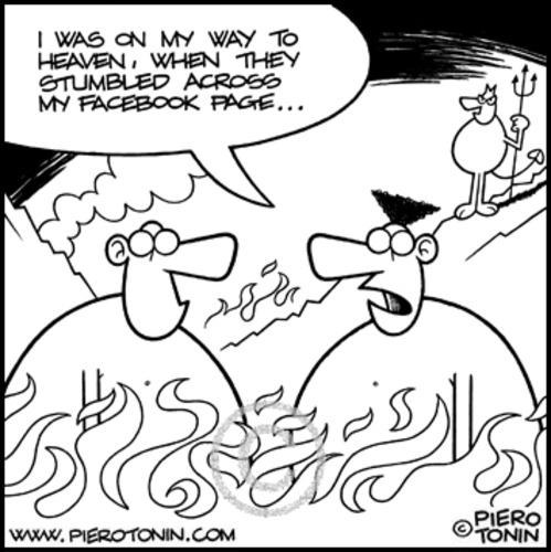 Cartoon: Facebook Damnation (medium) by Piero Tonin tagged piero,tonin,facebook,social,network,networks,internet,web,computer,computers,technology,heaven,hell,dead,death,afterlife