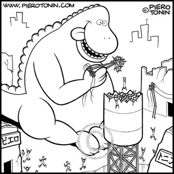 Cartoon: Godzilla (medium) by Piero Tonin tagged eating,eat,japane,chopsticks,chopstick,food,japanese,godzilla