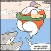 Cartoon: Sharks (small) by Piero Tonin tagged shark,sharks,animal,fat,old,older,woman,women,appetite,sea,ocean,bathing,suit,ugly,ugliness,weight,dieting