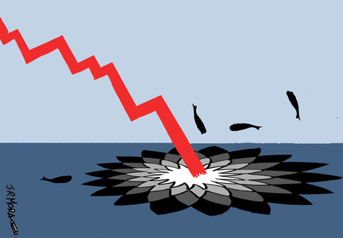 Cartoon: BP cae en bolsa de Wall Street (medium) by jrmora tagged petroleo,contaminacion,mancha,vertido,pp
