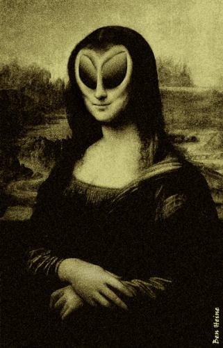 Cartoon: MOderNA LISA (medium) by BenHeine tagged monalisa,leonardodavinci,renaissance,extraterrestrial,ufo,mars,attack,classical,modern,marcelduchamp,salvadordali,benheine,mysterious,alien,surreal,sexy,smile,sourire,eyes,peur,