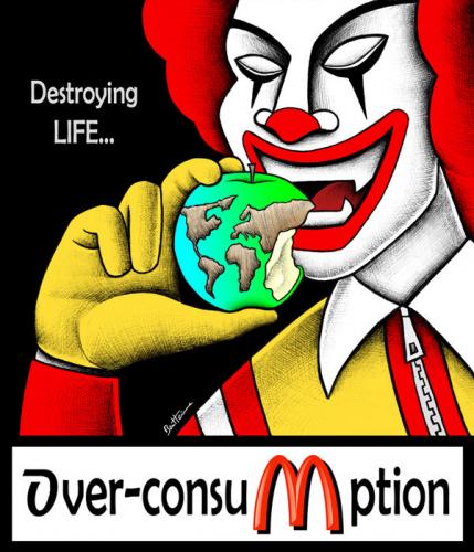 Cartoon: Over-Consumption... (medium) by BenHeine tagged fastfood,overconsumption,apple,poem,world,planet,destroy,life,eat,consumerism,mcdonald,ronaldmcdonald,bigmac,fries,hamburger,fat,manger,junkfood,earth,consommation,gras,money,health,sante,risk,shove,pig,bite,pomme,hold,geld,benheine,