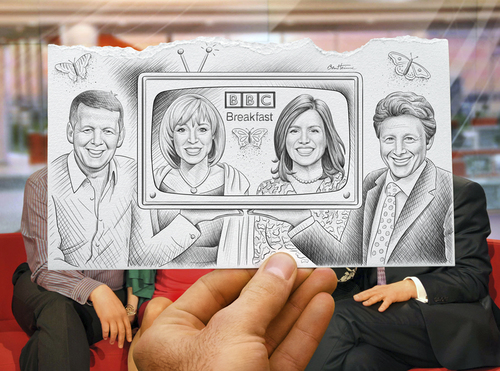 Cartoon: Pencil Vs Camera - BBC Breakfast (medium) by BenHeine tagged bbc,breakfast,pencil,vs,camera,drawing,photography,art,benheine,bill,turnbull,sian,williams,susanna,reid,charlie,stayt,television,studio,hand,portraits,face,smile,quatro,presenters,uk,broadcast,news,culture,morning,show