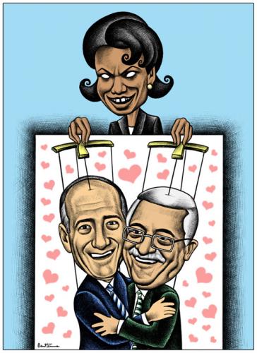 Cartoon: Puppets For Peace (medium) by BenHeine tagged georgewbush,annapolisconference,arabnews,benheine,cartoons,condoleezarice,ehudolmert,israel,mahmoudabbas,middleeast,negotiations,palestine,peace,puppets,marionnette,heart,coeur,love,usa,jeu,game,hypocrisy,play,