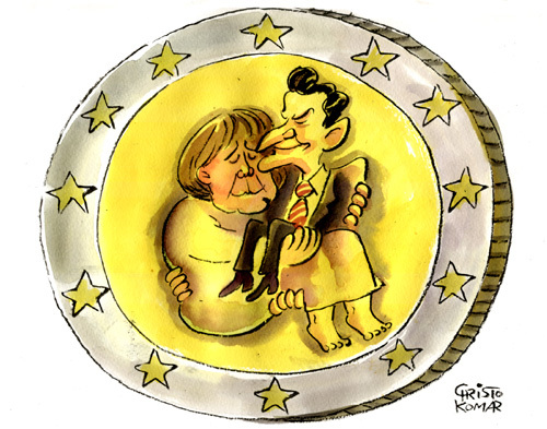 Cartoon: The New EURO (medium) by Christo Komarnitski tagged euro,europe,eu,france,germany,economy,nicolas,sarkozy,angela,merkel