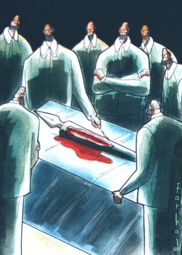 Cartoon: Autopsy (medium) by Farhad Foroutanian tagged pen,autopsie,ärzte,medizin,untersuchung,wissenschaft,tod,sterben,untersuchen,feder,tinte,stift,blut,aufschneiden,skalpell