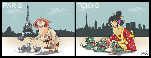 Cartoon: Paris Tokyo (medium) by bacsa tagged paris,tokyo