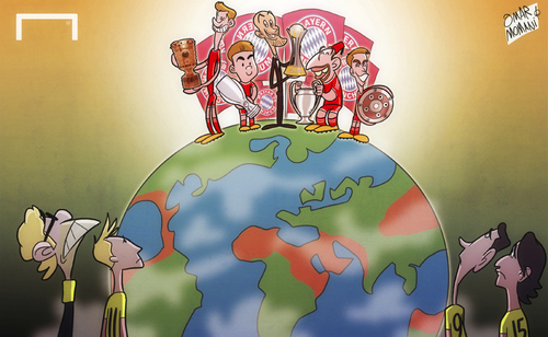 Cartoon: Bayern on top of the World (medium) by omomani tagged bayern,munich,dortmund,gotze,guardiola,jurgen,klopp,marco,reus,mats,hummels,philipp,lahm,ribery,robert,lewandowski,thomas,muller