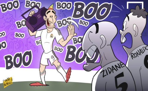 Cartoon: Benzema not affected by boos (medium) by omomani tagged benzema,real,madrid,ronaldo,zinedine,zidane