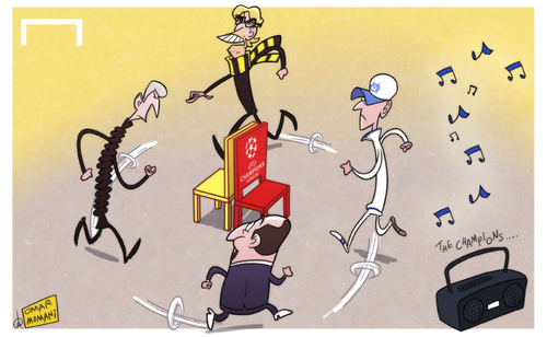 Cartoon: Champions League scrap (medium) by omomani tagged arsenal,champions,league,chelsea,dortmund,jurgen,klopp,marseille,rafael,benitez,wenger,elie,baup