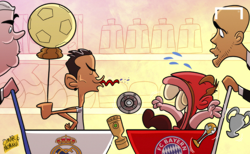 Cartoon: Cry baby Ribery throws his toys (medium) by omomani tagged ancelotti,bayern,munich,cristiano,ronaldo,fifa,ballon,dor,guardiola,real,madrid,ribery