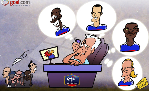 Cartoon: Deschamps calls on old friends (medium) by omomani tagged benzema,didier,deschamps,emmanuel,petit,france,henry,marcel,desailly,nasri,patrice,evra,ribery,zinedine,zidane