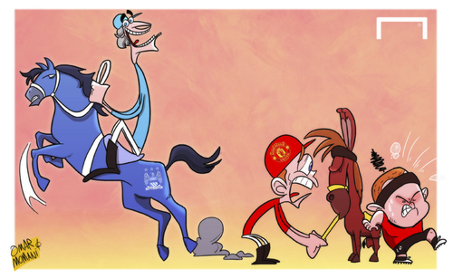 Cartoon: Donkey derby for Moyes and MU (medium) by omomani tagged manchester,city,derby,united,moyes,pellegrini,premier,league,rooney