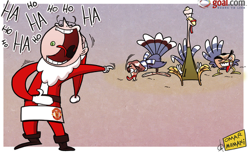 Cartoon: Ferguson has last laugh (medium) by omomani tagged tevez,claus,santa,league,premier,mancini,united,city,manchester,hart,ferguson