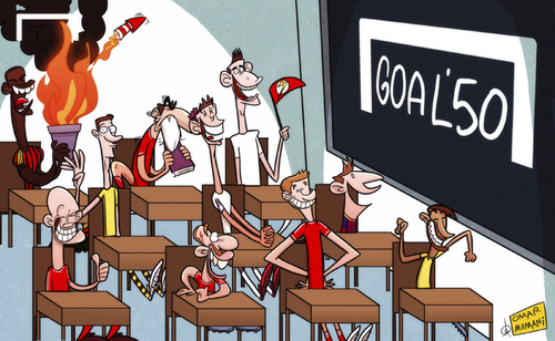 Cartoon: Goal 50 Class of 2012-13 (medium) by omomani tagged arjen,robben,balotelli,cristiano,ronaldo,gareth,bale,messi,neymar,ribery,robert,lewandowski,suarez,thomas,muller