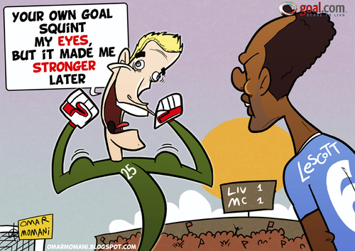 Cartoon: Hart eyes and Lescott own goal (medium) by omomani tagged england,hart,lescott,liverpool,manchester,city,premier,league