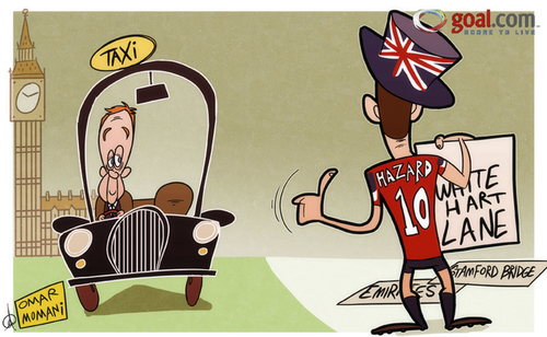 Cartoon: Hazard to earn his Spurs in Eng (medium) by omomani tagged belguim,emirates,england,hazard,ligue,lille,premier,league,redknapp,stamford,bridge,taxi,tottenham,white,hart,lane