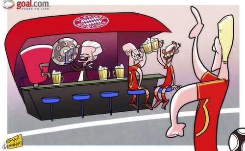 Cartoon: Heynckes encourages Bayern booze (medium) by omomani tagged arjen,robben,bastian,schweinsteiger,bayern,munich,beer,bundesliga,jupp,heynckes,ribery