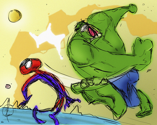 Cartoon: Hulk against Spiderman (medium) by omomani tagged hulk,spiderman,marvel,space,fight