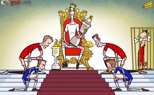 Cartoon: King Bale hailed by fellow PFA (medium) by omomani tagged gareth,bale,hazard,juan,mata,michael,carrick,pfa,award,premier,league,suarez,van,persie