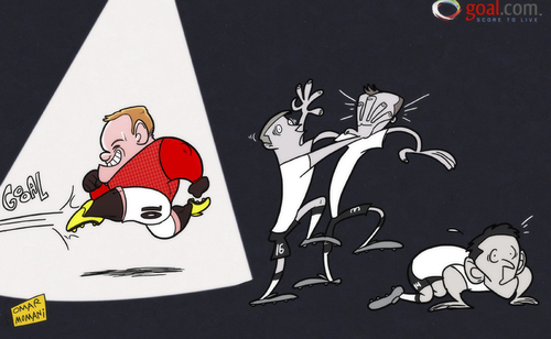 Cartoon: Light shines on Rooney (medium) by omomani tagged rooney,manchester,united,fulham,john,arne,riise,damien,duff,giorgos,karagounis,premier,league