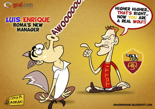 Cartoon: Luis Enrique to Roma (medium) by omomani tagged luis,enrique,totti,roma,wolf,soccer,football,calcio,serie,spain,italy